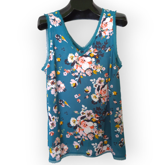 TORRID 0 Teal Frayed Georgette V-Neck Sheer Sleeveless Career Tank Large 12 - Picture 4 of 10